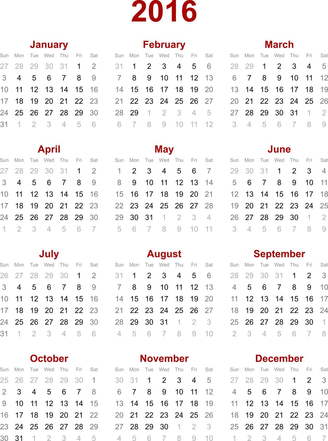 2016 Calendar png transparent