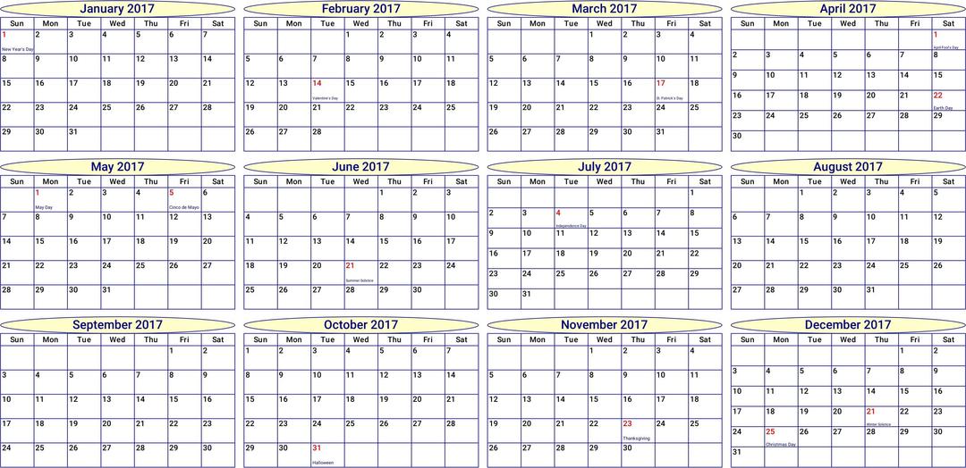 2017 Year/Month Calendar png transparent