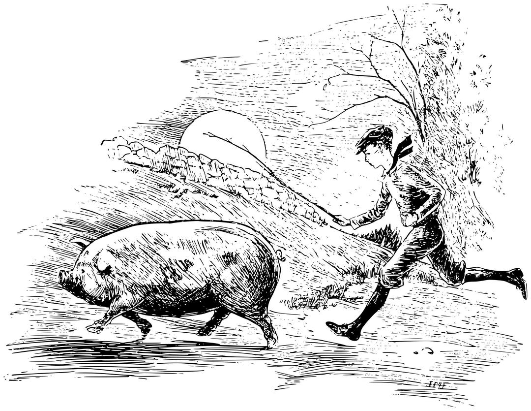 A boy running behind a pig with a stick png transparent