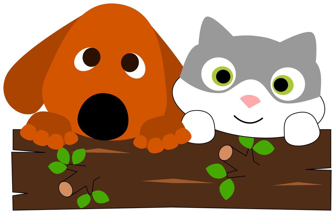 A dog and a cat behind a tree trunk png transparent