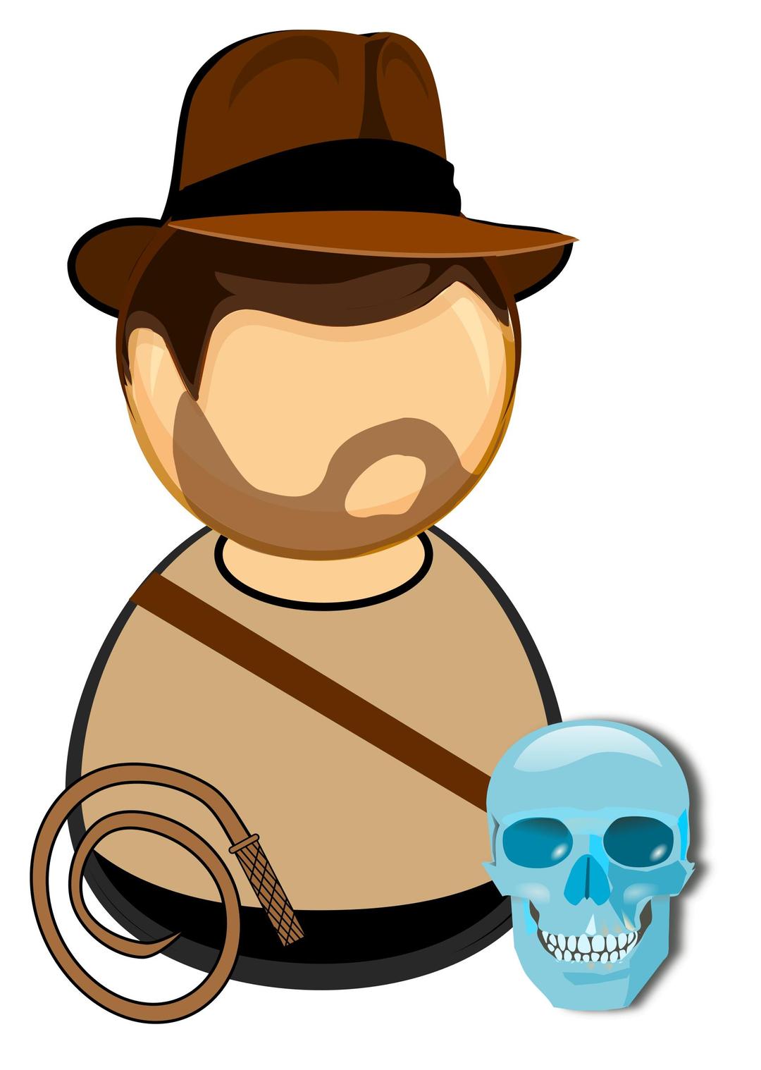 Adventurer in a hat, with a whip and glass skull png transparent