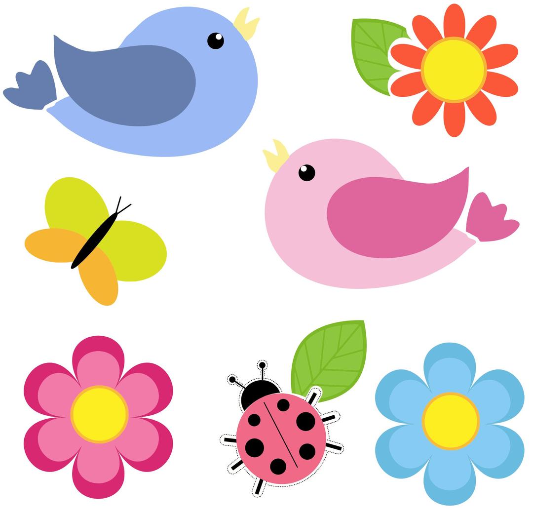 Birds Butterfly Ladybug And Flowers No Background png transparent