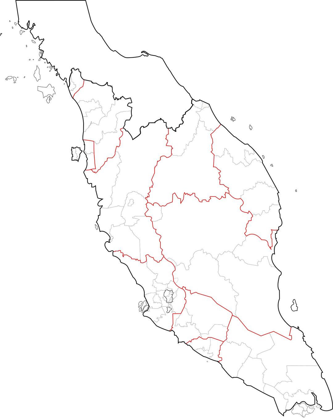 Blank map of Peninsular Malaysia (fixed and updated, with southern Thailand) png transparent