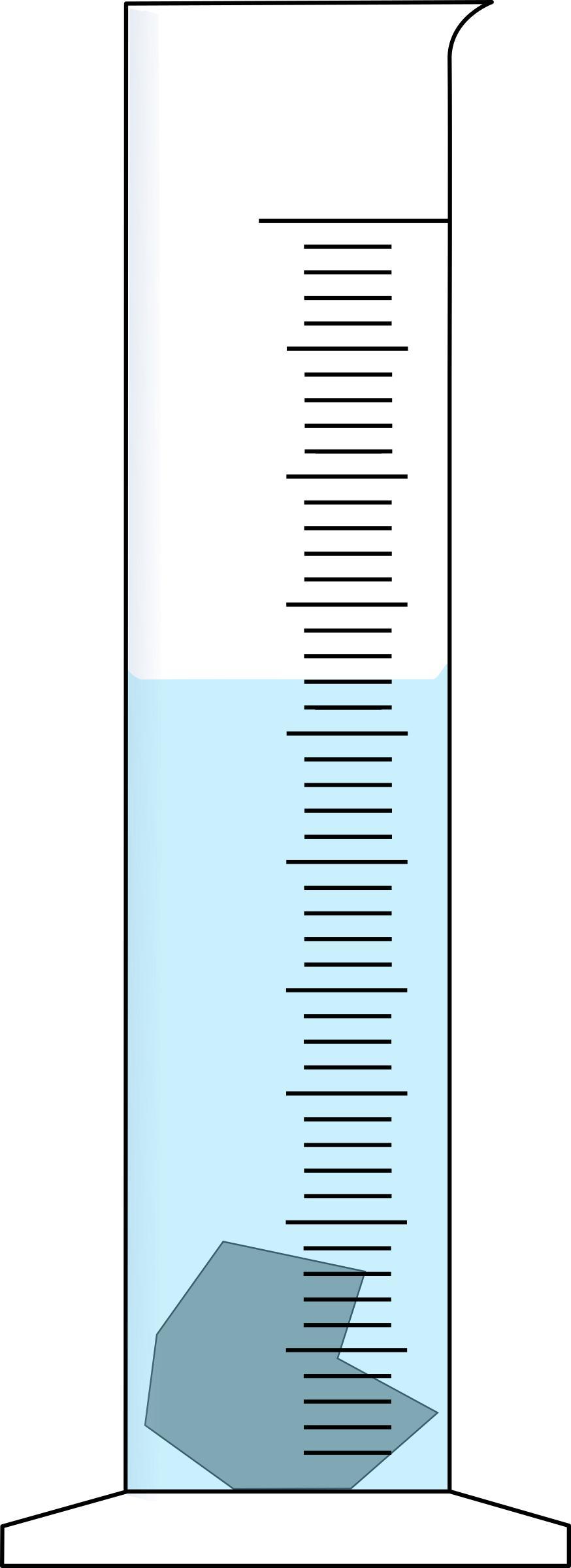 breiter Messzylinder mit blauer Flüssigkeit und unregelmässigem Körper png transparent