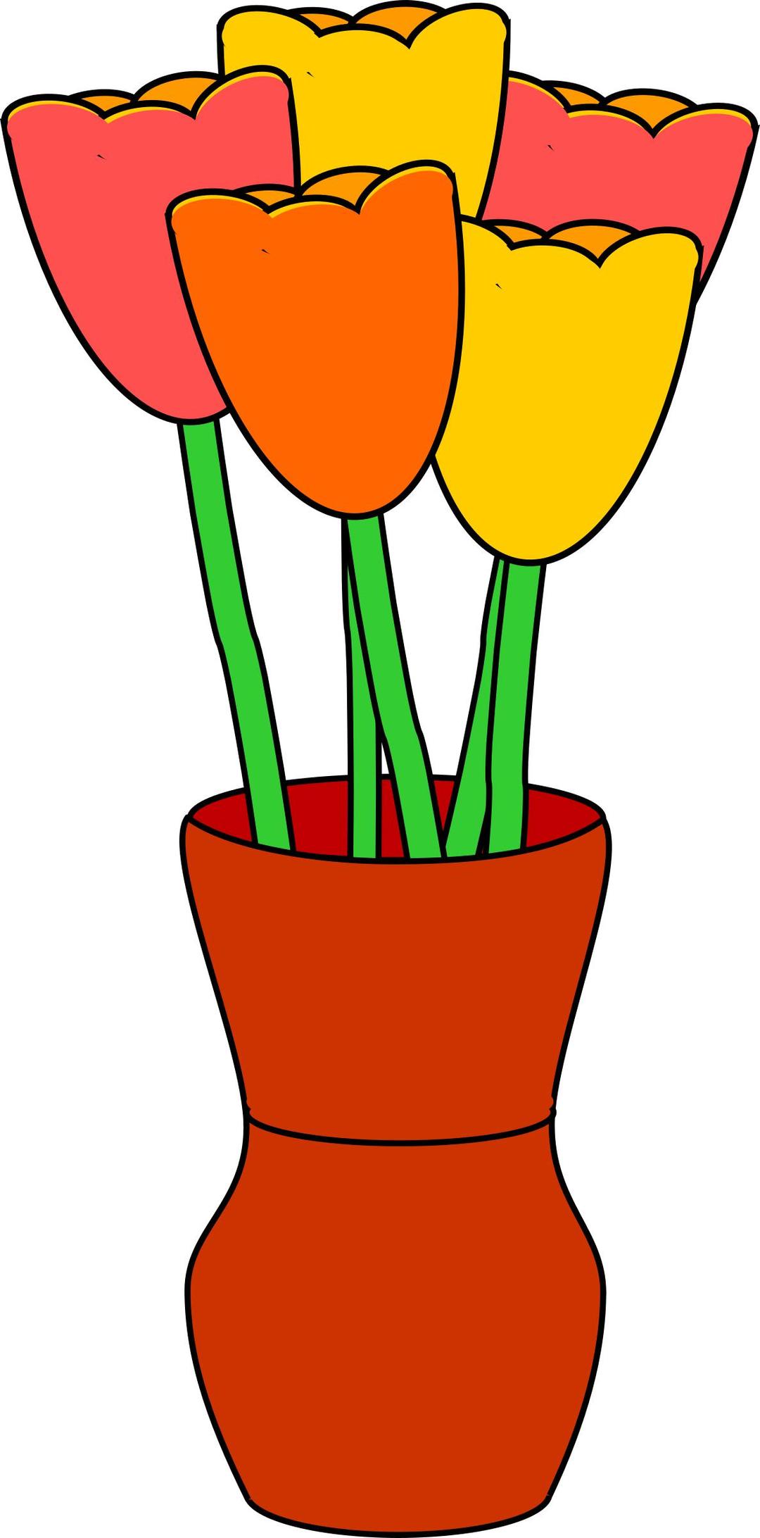Brown vase with multicolored tulips png transparent