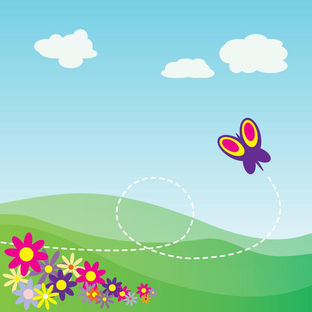 Cartoon Hillside with Butterfly and Flowers png transparent