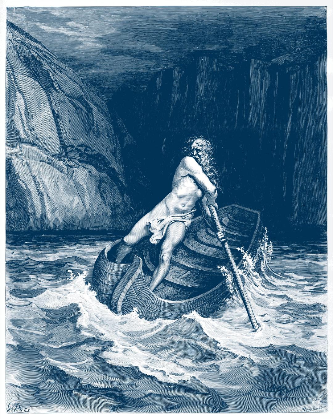 Charon, by Doré 1857 (in blue ink) png transparent