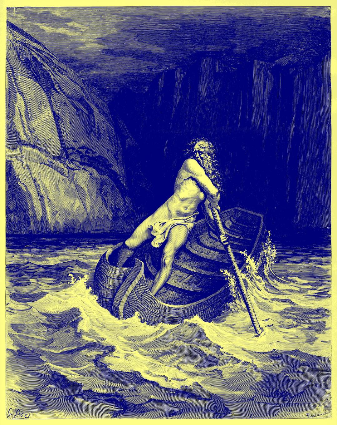 Charon, by Doré 1857 (in blue ink on yellow paper) png transparent