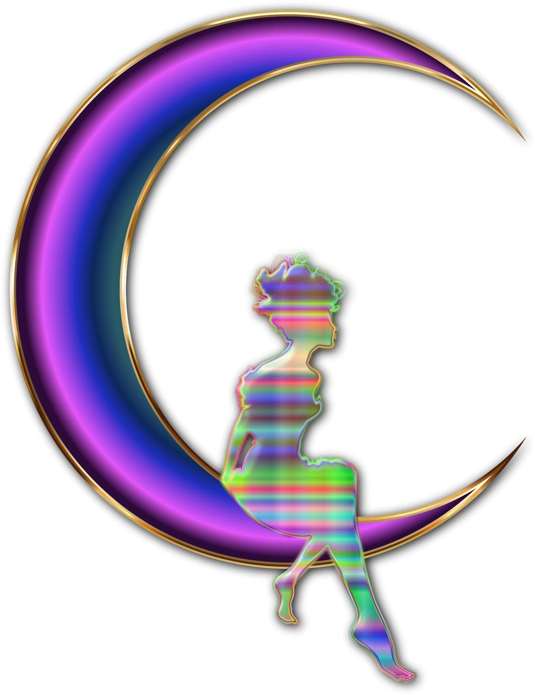 Chromatic Fairy Sitting On Crescent Moon Enhanced No Background Plus Drop Shadow png transparent