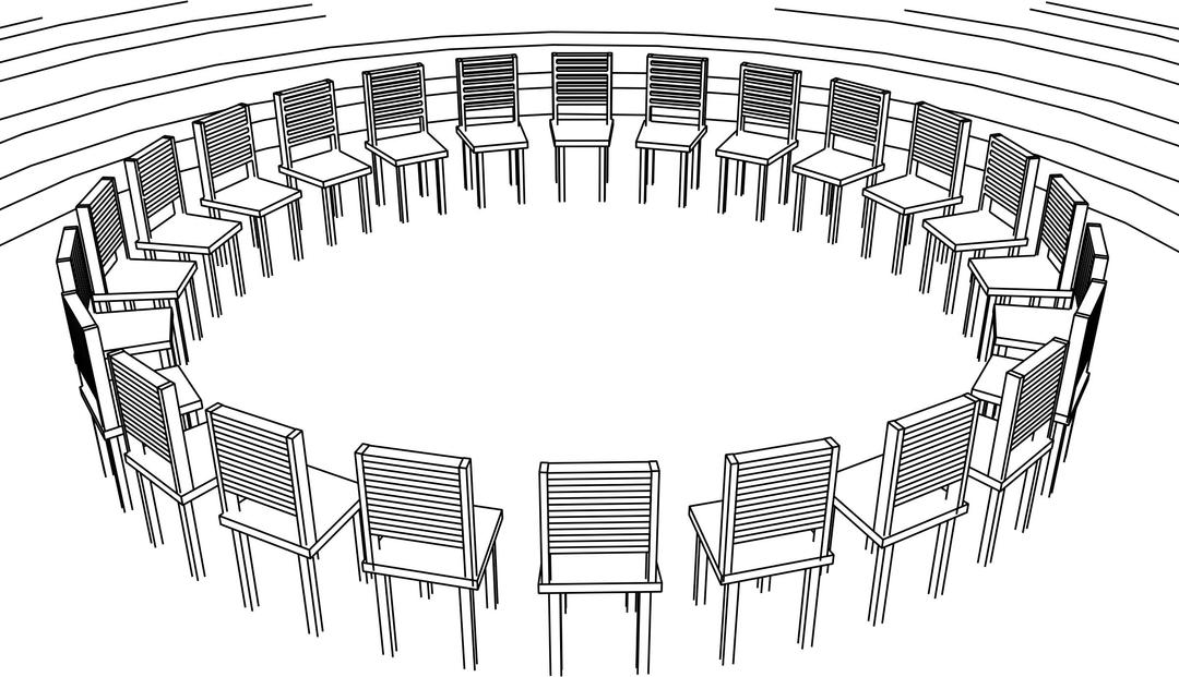 Circle of chairs with background podium png transparent