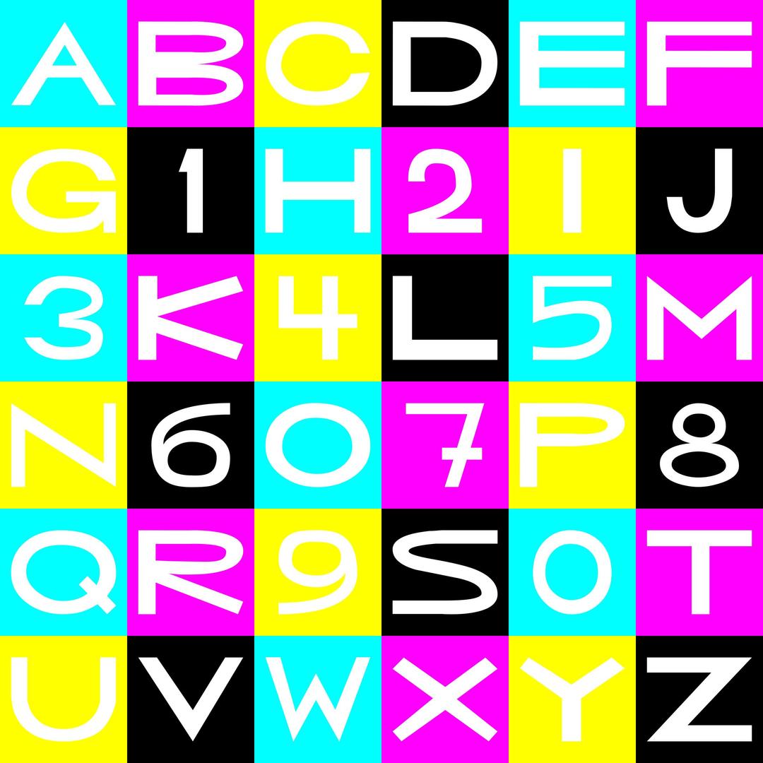 CMYK basic letters/numbers grid (mouseyer font) png transparent