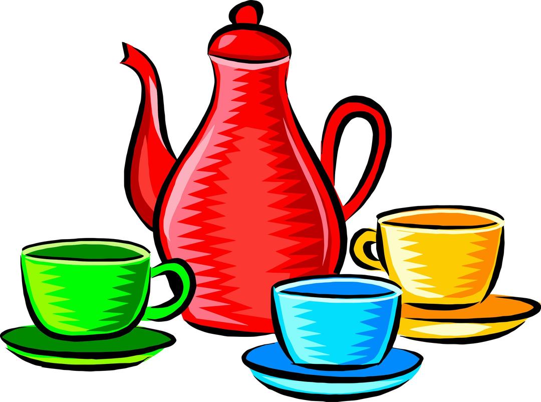 Coffee pot and cups (colour) png transparent