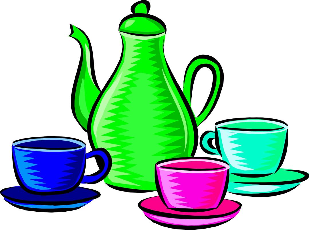 Coffee pot and cups (colour 2) png transparent