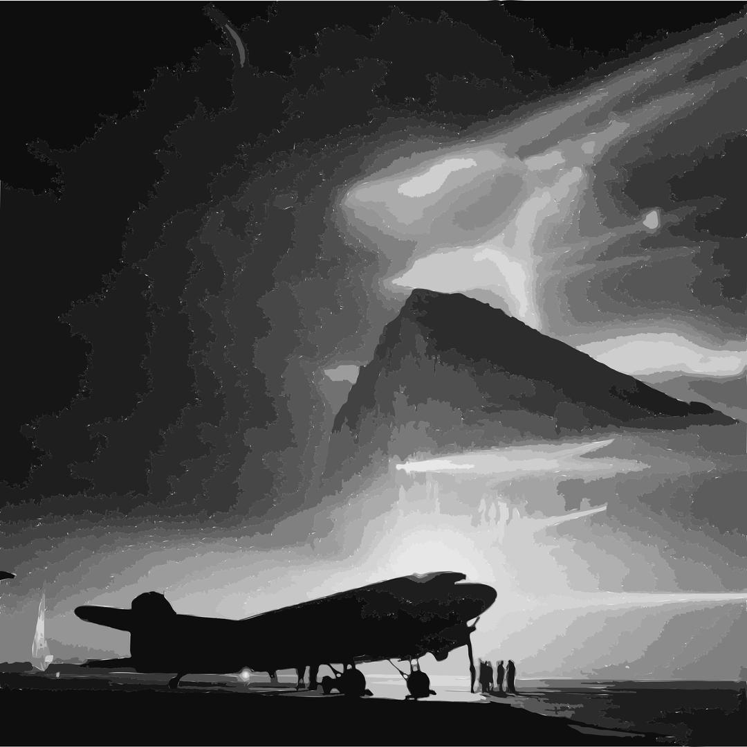 Douglas DC-3 of BOAC at Gibraltar, silhouetted by searchlights on the Rock png transparent