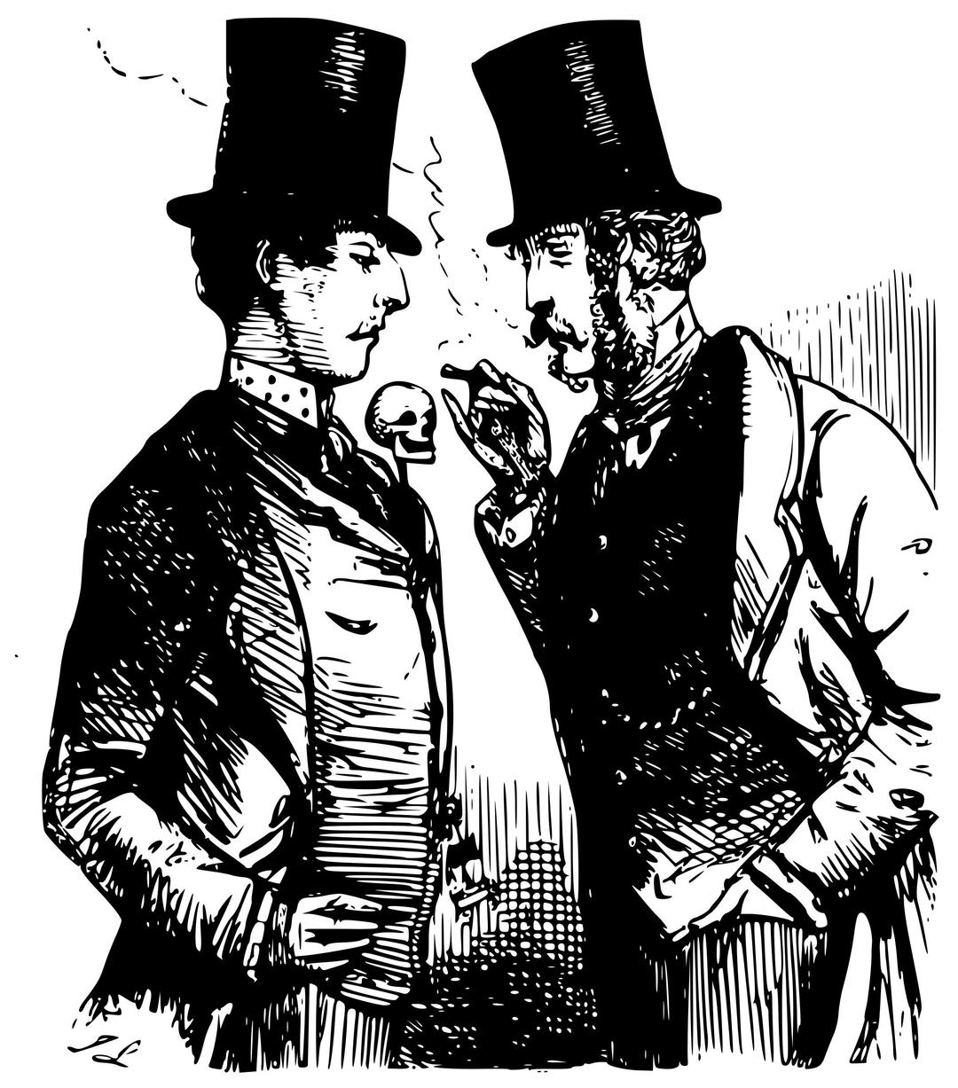 Gentlemen in top hat talking and smoking png transparent