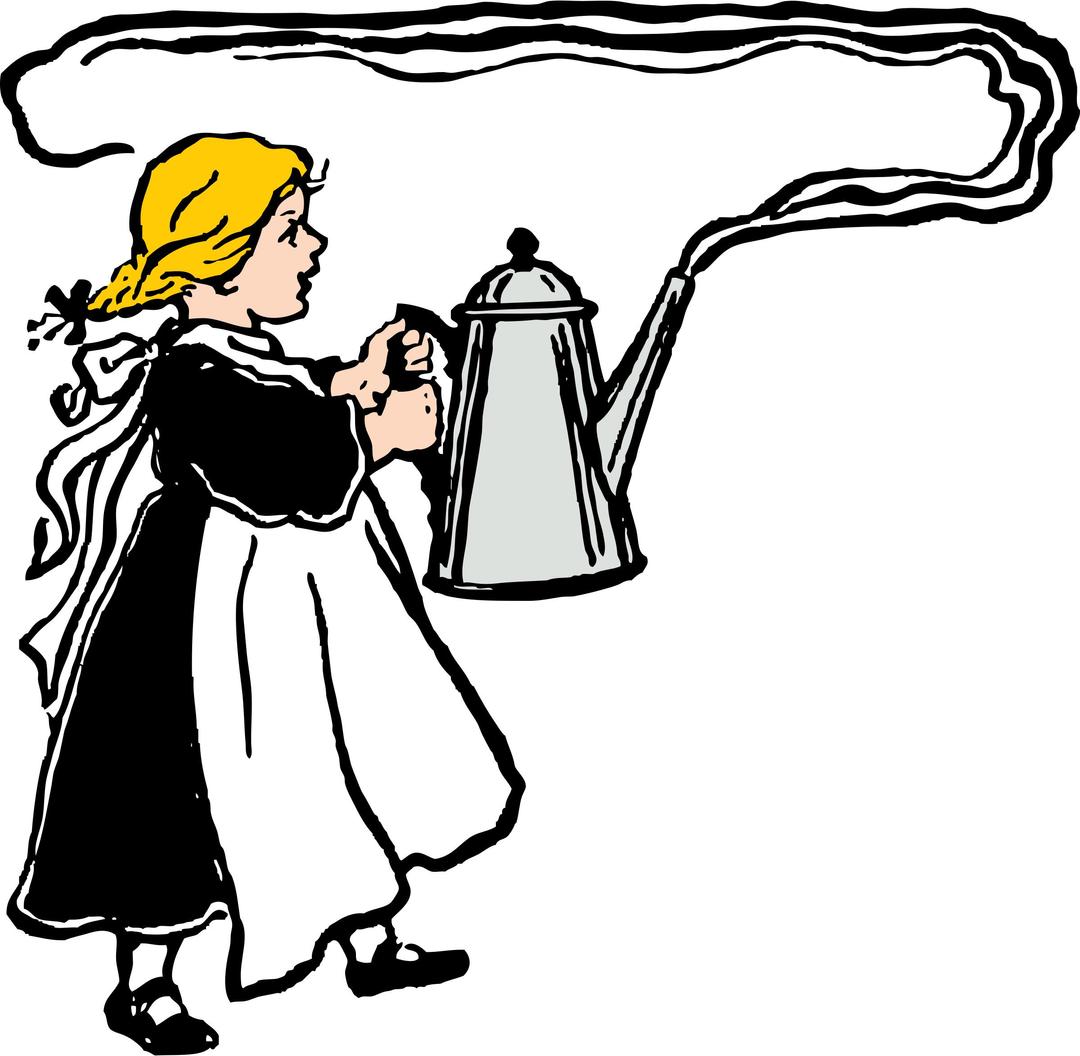 girl carries big steaming coffee pot png transparent