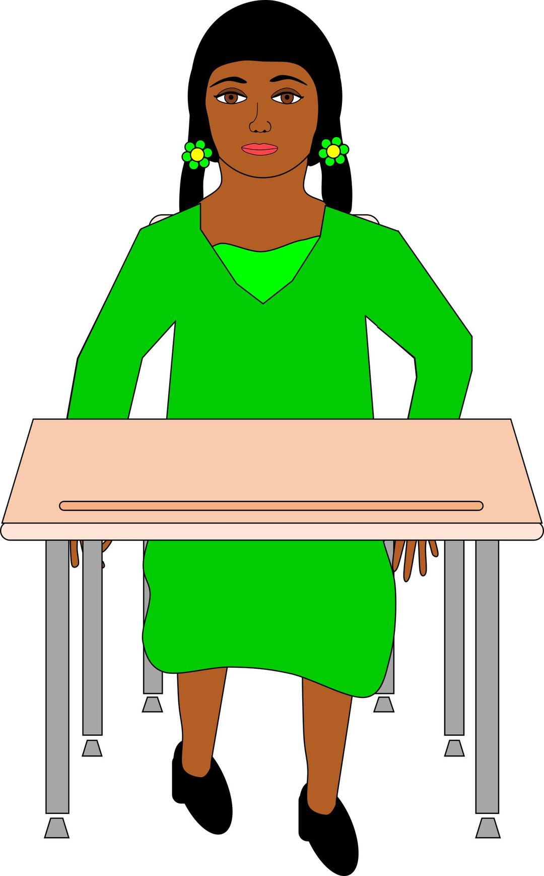 Girl in pigtails sitting at student desk png transparent