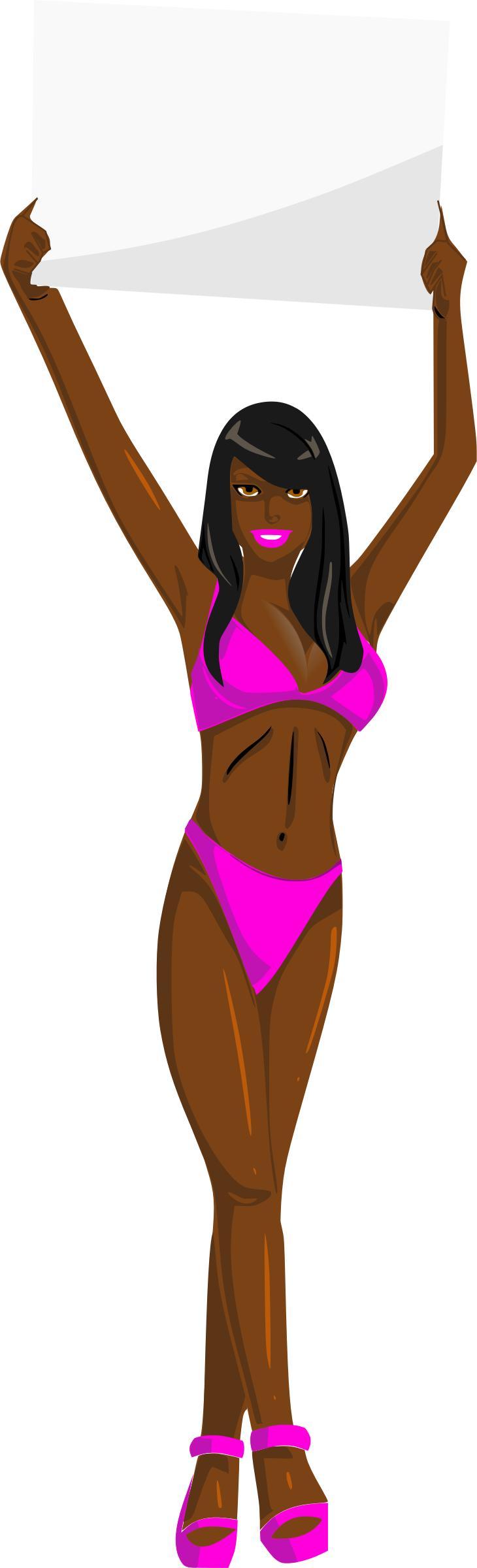Girl with sign (pink bikini, black hair, dark skin) png transparent