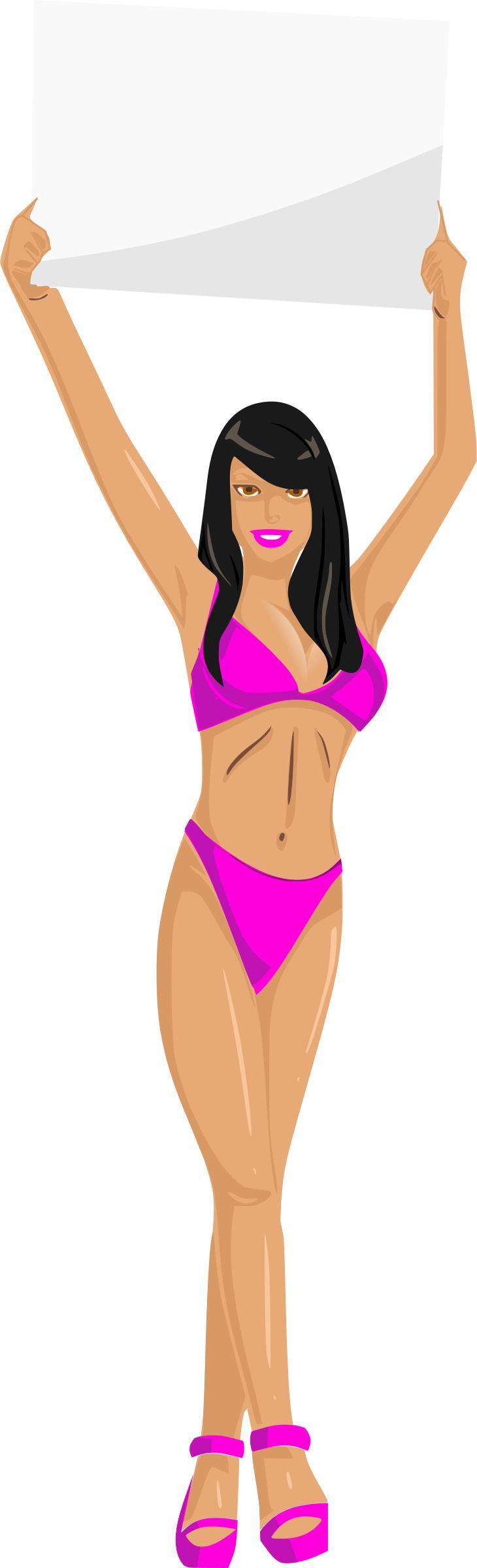 Girl with sign (pink bikini, black hair, light skin) png transparent