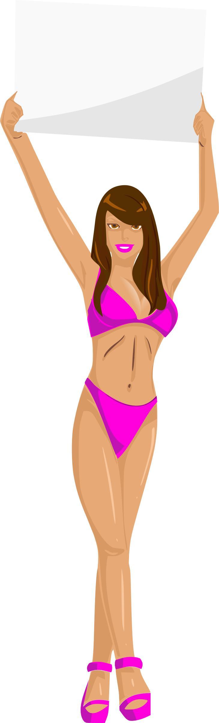 Girl with sign (pink bikini, brown hair, light skin) png transparent