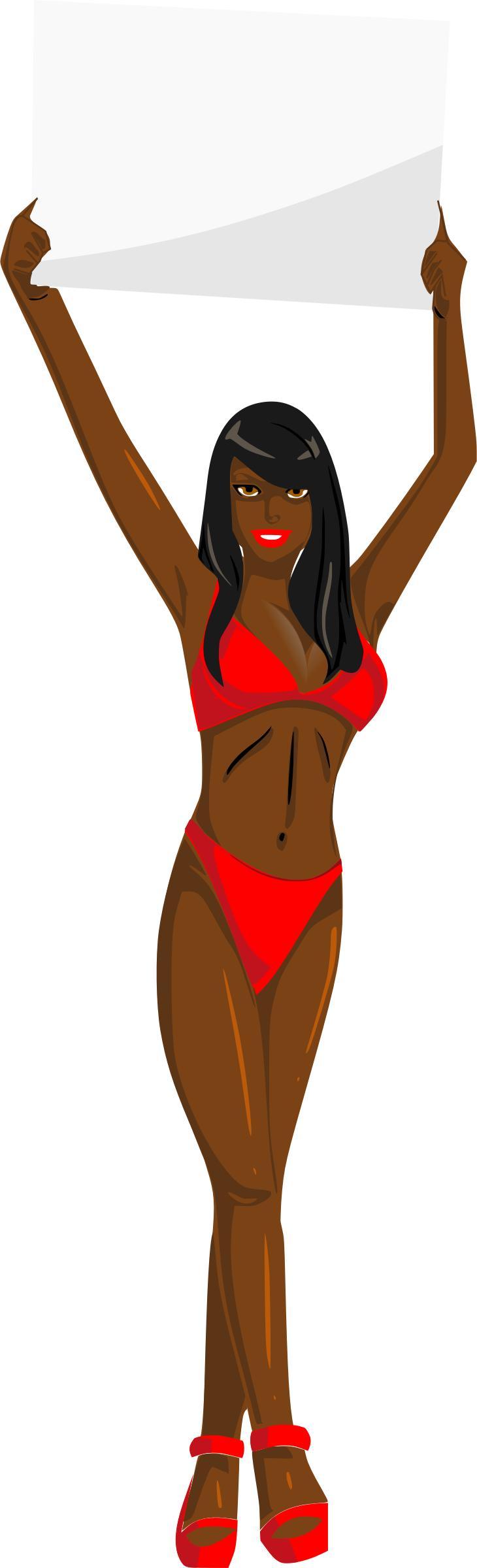Girl with sign (red bikini, black hair, dark skin) png transparent