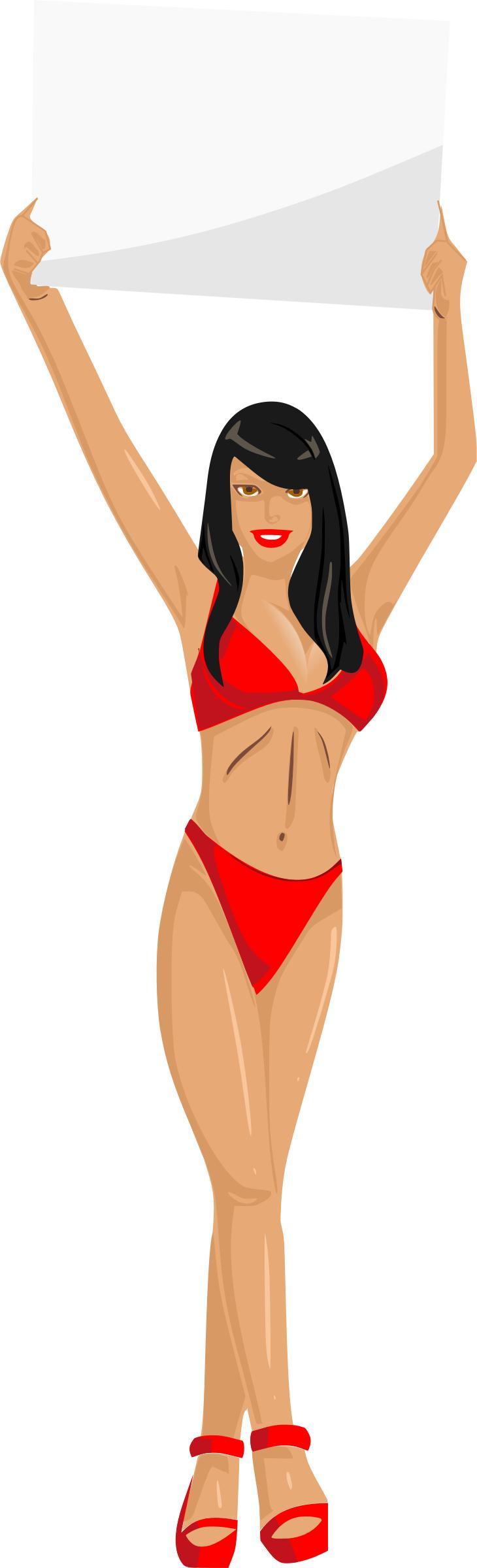 Girl with sign (red bikini, black hair, light skin) png transparent