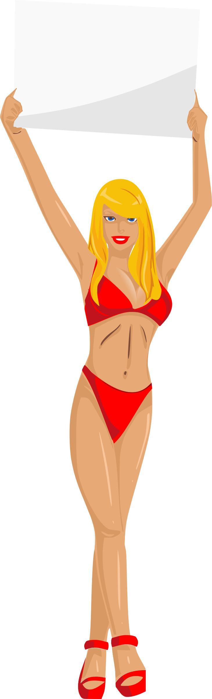 Girl with sign (red bikini, blonde hair, light skin) png transparent