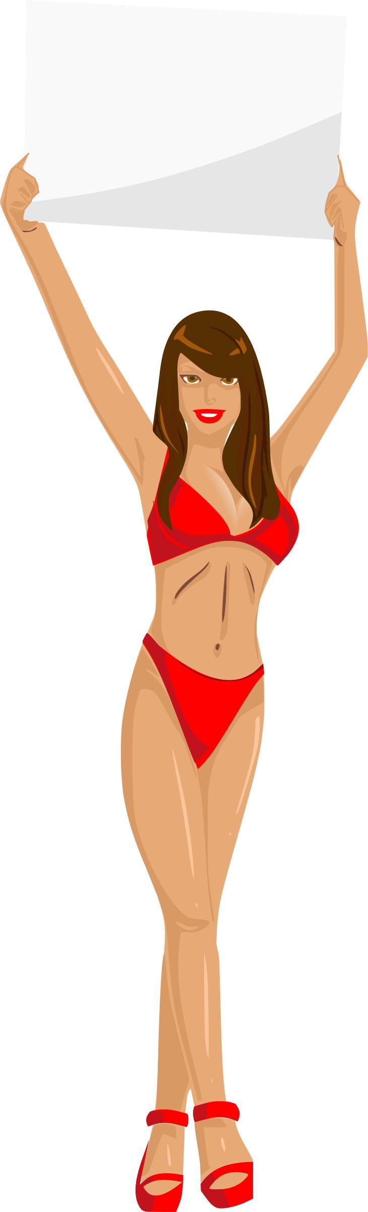 Girl with sign (red bikini, brown hair, light skin) png transparent