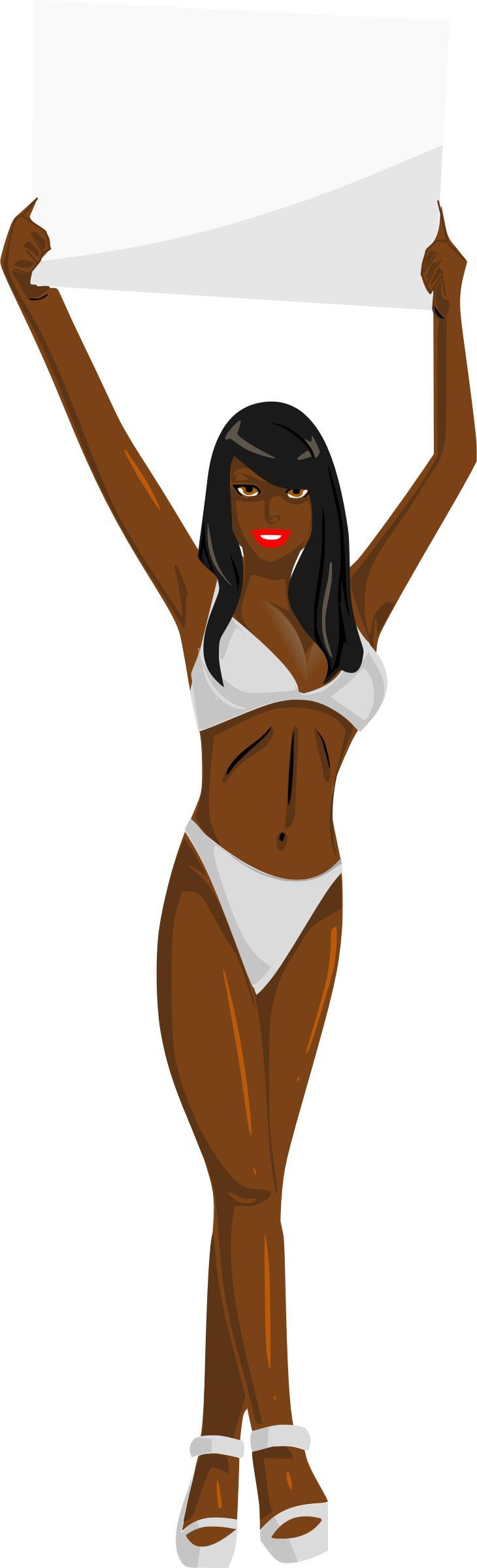 Girl with sign (white bikini, black hair, dark skin) png transparent