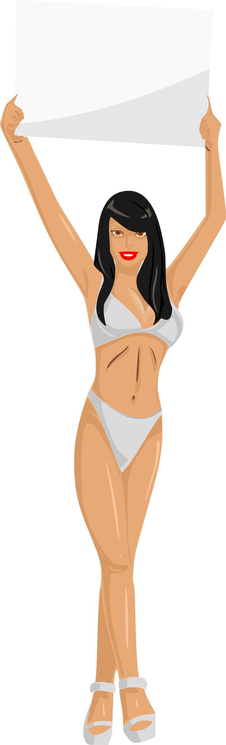 Girl with sign (white bikini, black hair, light skin) png transparent