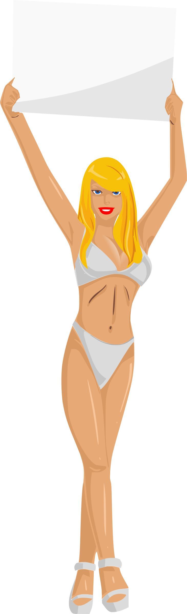 Girl with sign (white bikini, blonde hair, light skin) png transparent