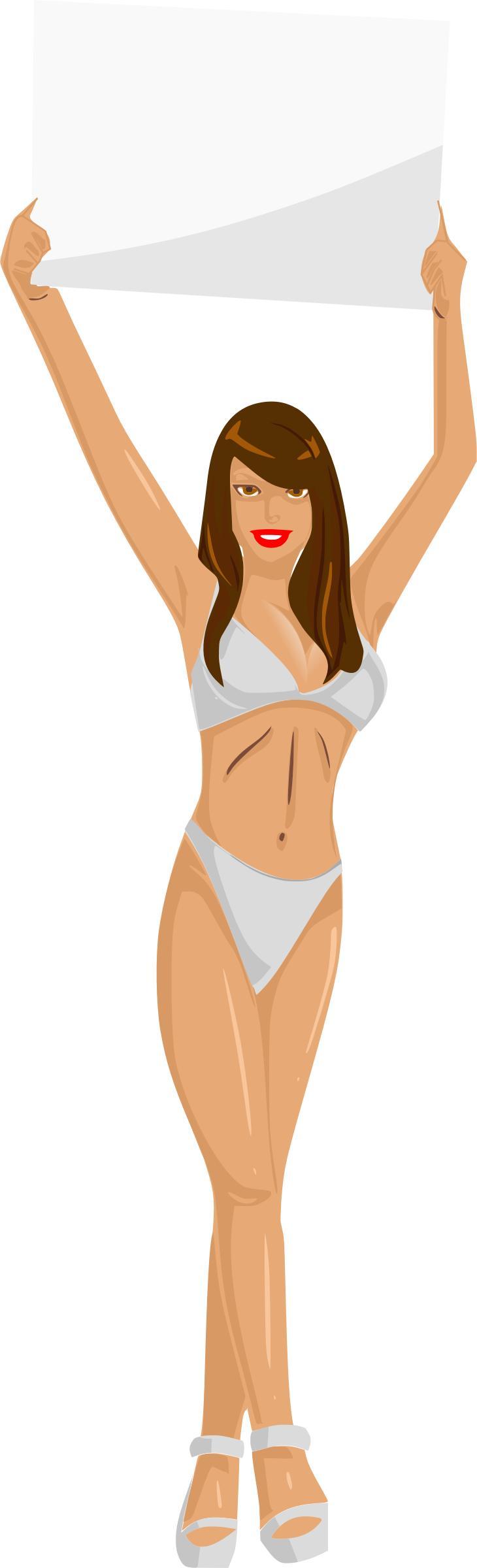 Girl with sign (white bikini, brown hair, light skin) png transparent