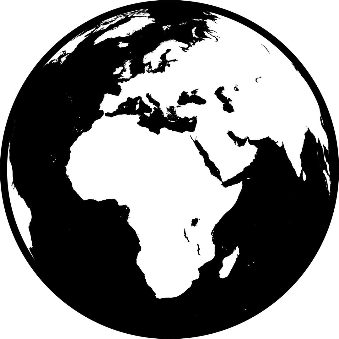 Globe showing Africa, Asia and Europe in black and white (detailed) png transparent