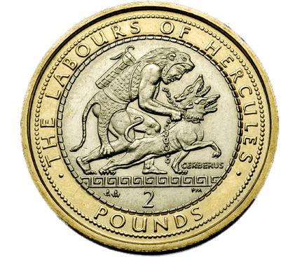 Hercules and Cerberus on Two Pounds Coin png transparent