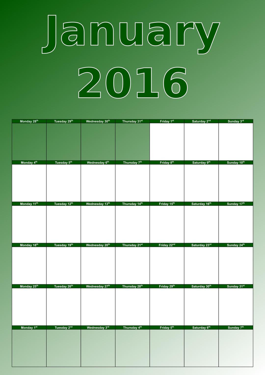 January calendar 2016 png transparent
