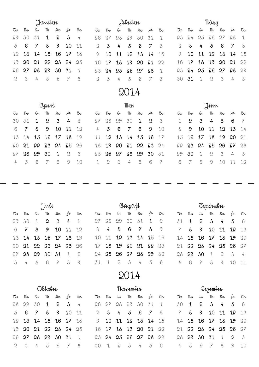 Kalender 2014 zweiteilg faltbar in Kurrentschrift png transparent