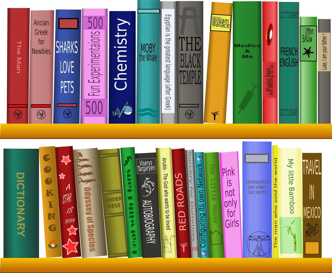 Library - Bibliothèque - extra contrast - book titles converted to paths png transparent