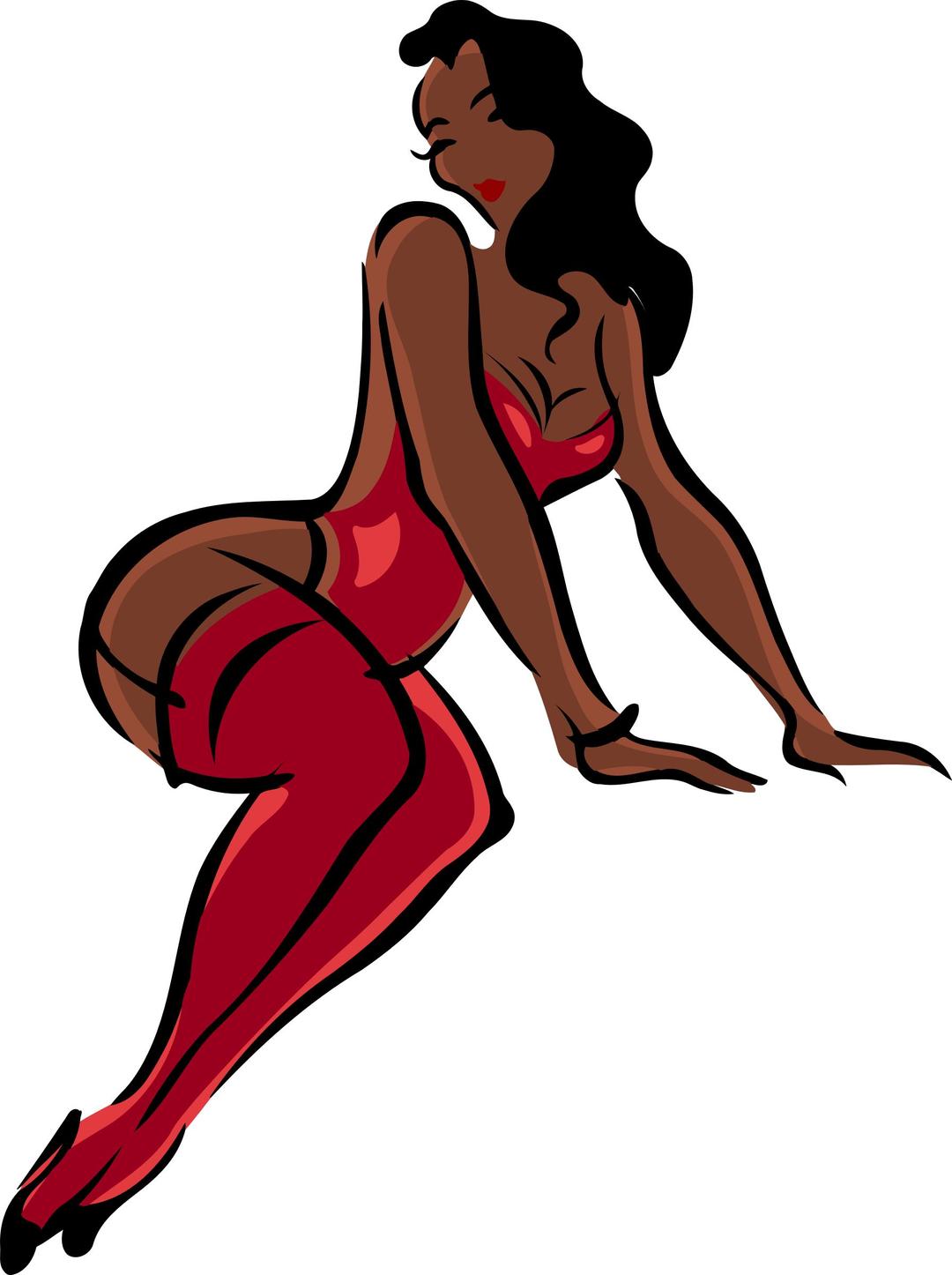 Lingerie model, dark skin, black hair, red clothes png transparent