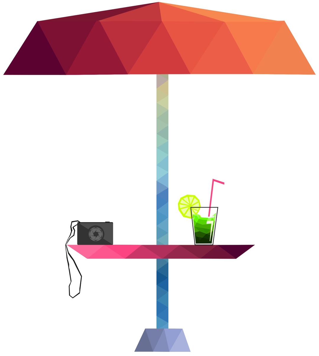 Lowpoly Beach umbrella, Camera and drink png transparent