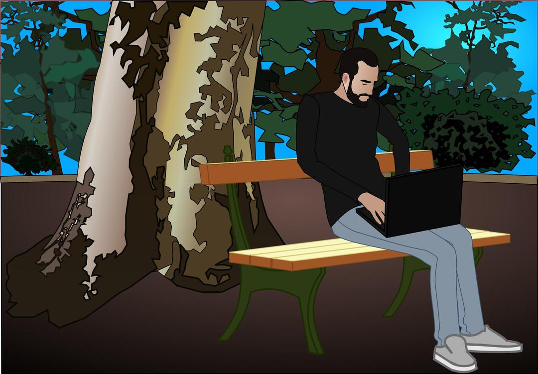 Man on a bench at the park with a laptop png transparent