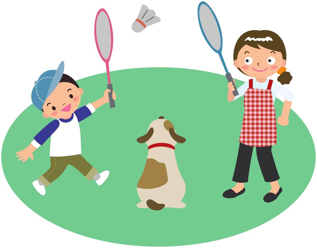 Mother plays badminton with son and dog png transparent