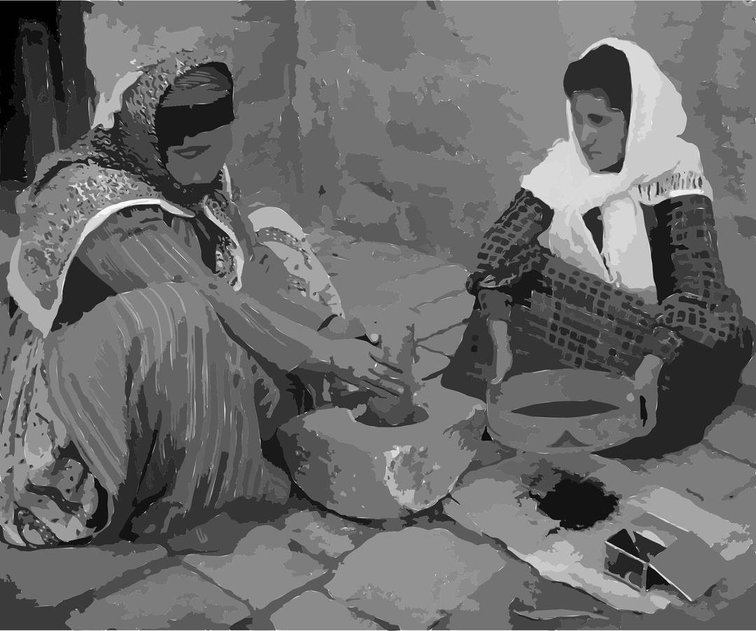 Palestinian women grinding coffee beans png transparent