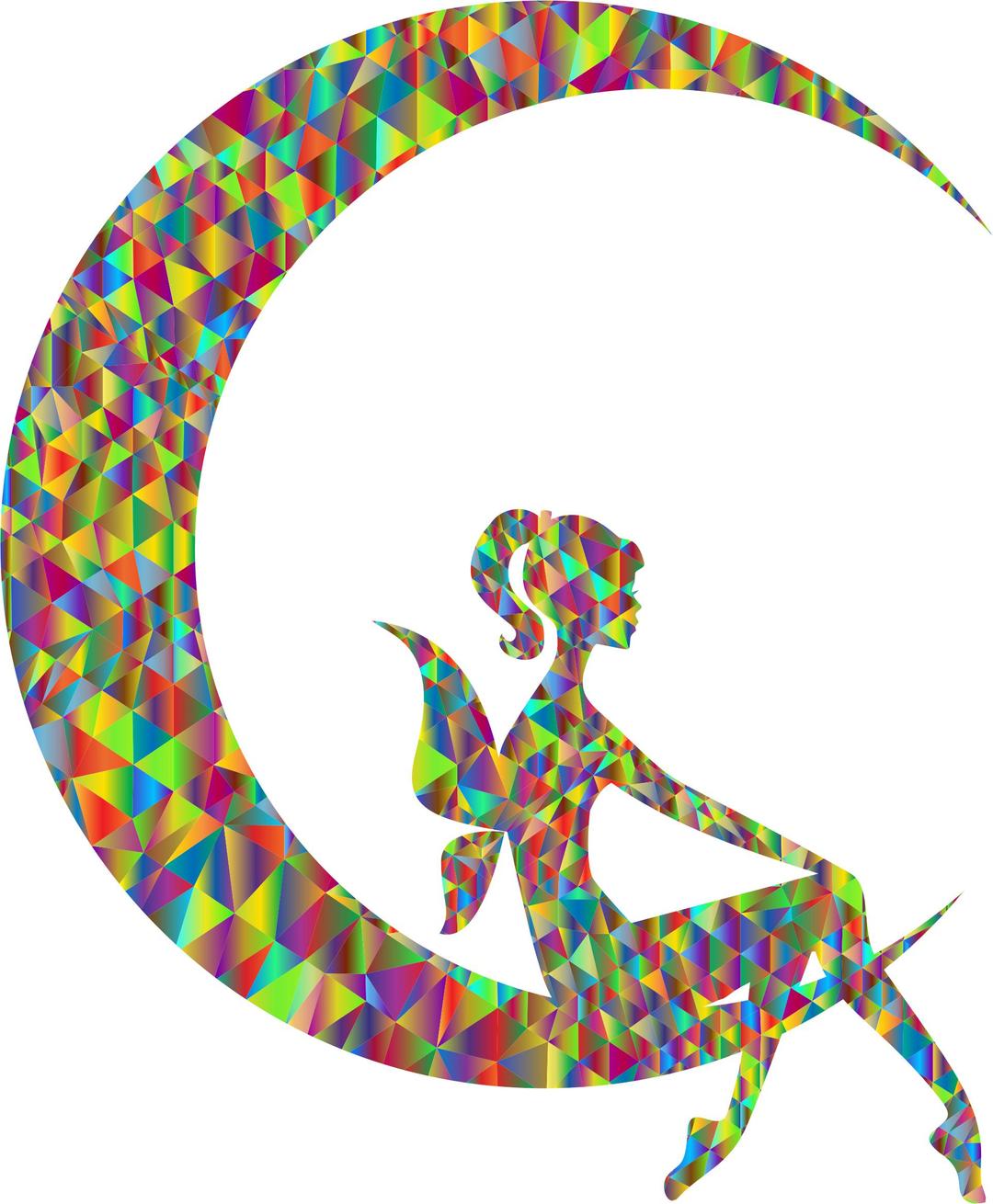 Polychromatic Low Poly Fairy Relaxing On The Crescent Moon II png transparent