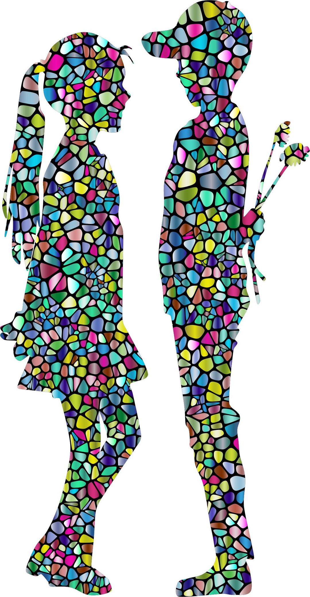 Polyprismatic Tiled Boy Giving Flowers To Girl Silhouette With Background png transparent