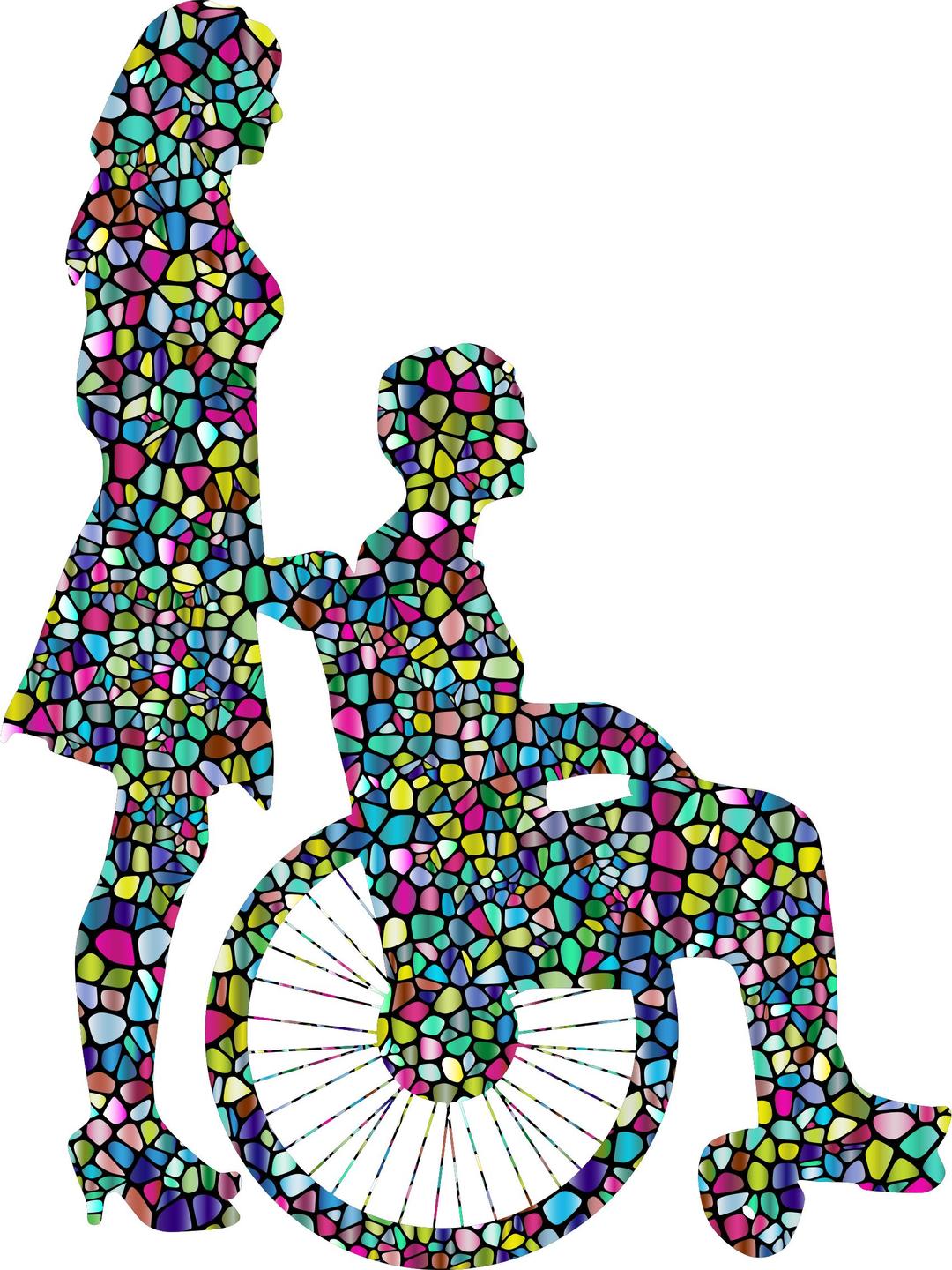 Polyprismatic Tiled Woman Pushing Man In Wheelchair Silhouette With Background png transparent