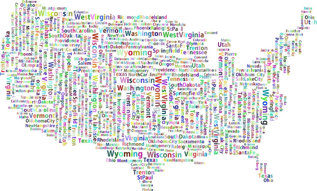 Prismatic America States And Capitals Word Cloud No Background png transparent