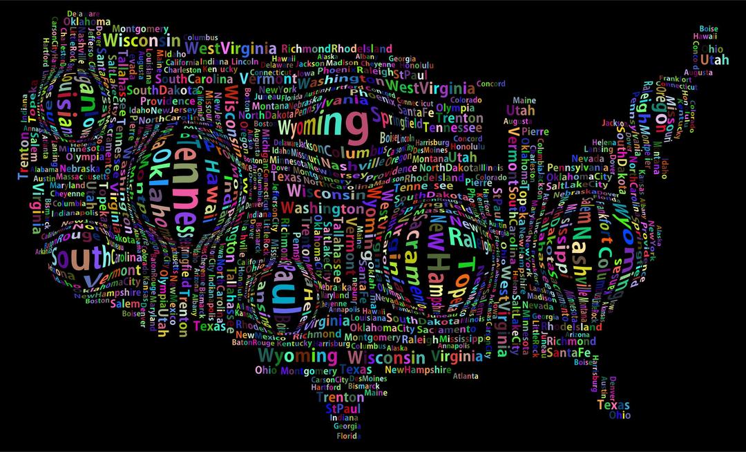 Prismatic Distorted America States And Capitals Word Cloud png transparent