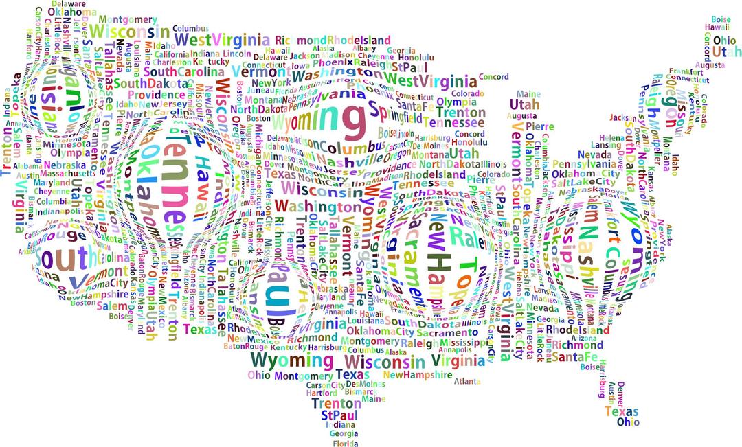 Prismatic Distorted America States And Capitals Word Cloud No Background png transparent