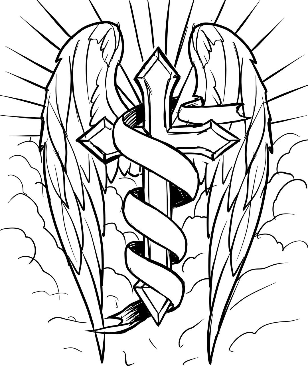 Radiant Cross With Wings In The Clouds Line Art png transparent