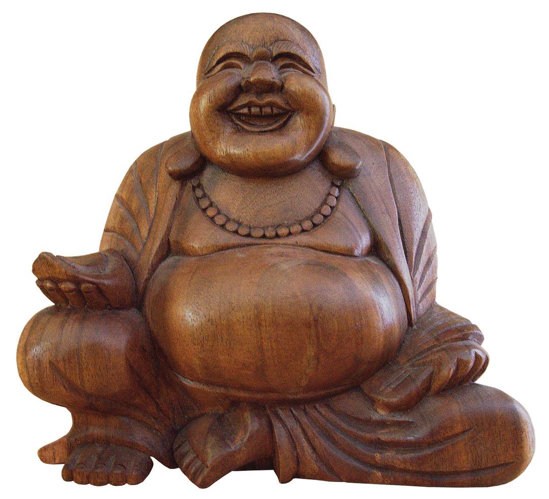 Smiling Buddha Wooden Statue Holding A Bowl png transparent